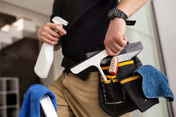 Das Bild zeigt einen Fensterputzer mit seinem Equipment Das Bild zeigt einen Fensterputzer mit seinem Equipment